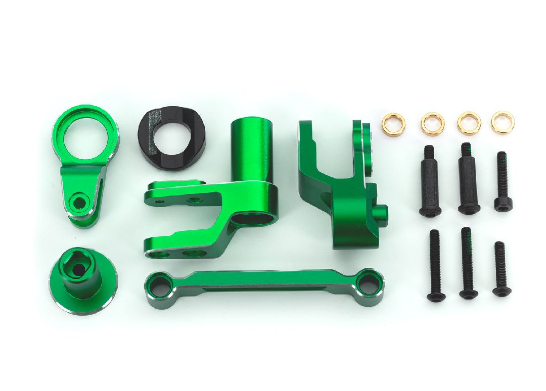 Traxxas Steering bellcranks, draglink (green-anodized 6061-T6 aluminum)/ bellcrank bushing (1)/ 3x20mm BCS (with threadlock) (2)/ 3x20mm BCS (with threadlock) (2)/ 3x20mm shoulder screws (with threadlock) (2)/ 3x15mm BCS (with threadlock) (1)/ 3x15mm CS (