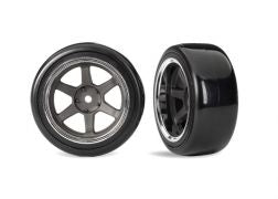 Traxxas Tires & wheels, assembled, glued (six spoke graphite gray wheels w/chrome rim, 1.9" Drift tires (1 dot, hard, rough surfaces)) (wide, rear) (2)