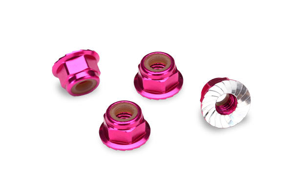 Traxxas Nuts, 4mm aluminum, flanged, serrated (pink) (4)