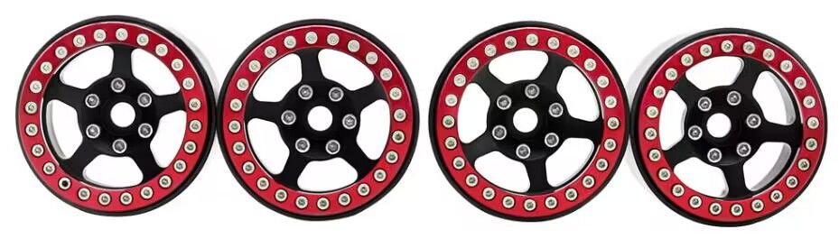 Hobby Details 1.9" Aluminum Beadlock Wheels - 5 Stars (4) (Red Rings)