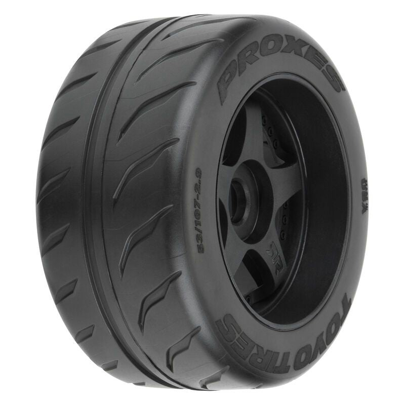 Proline Toyo Proxes R888R 53/107 2.9" S3 (Soft) Street BELTED Tires Mounted on Black 5-Spoke 17mm Wheels (2) for Felony Rear