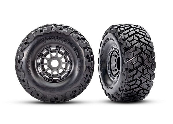 Traxxas Tires & wheels, assembled, glued, left (1), right (1) (charcoal gray wheels, Maxx Slash belted tires, foam inserts) (17mm splined) (TSM rated)