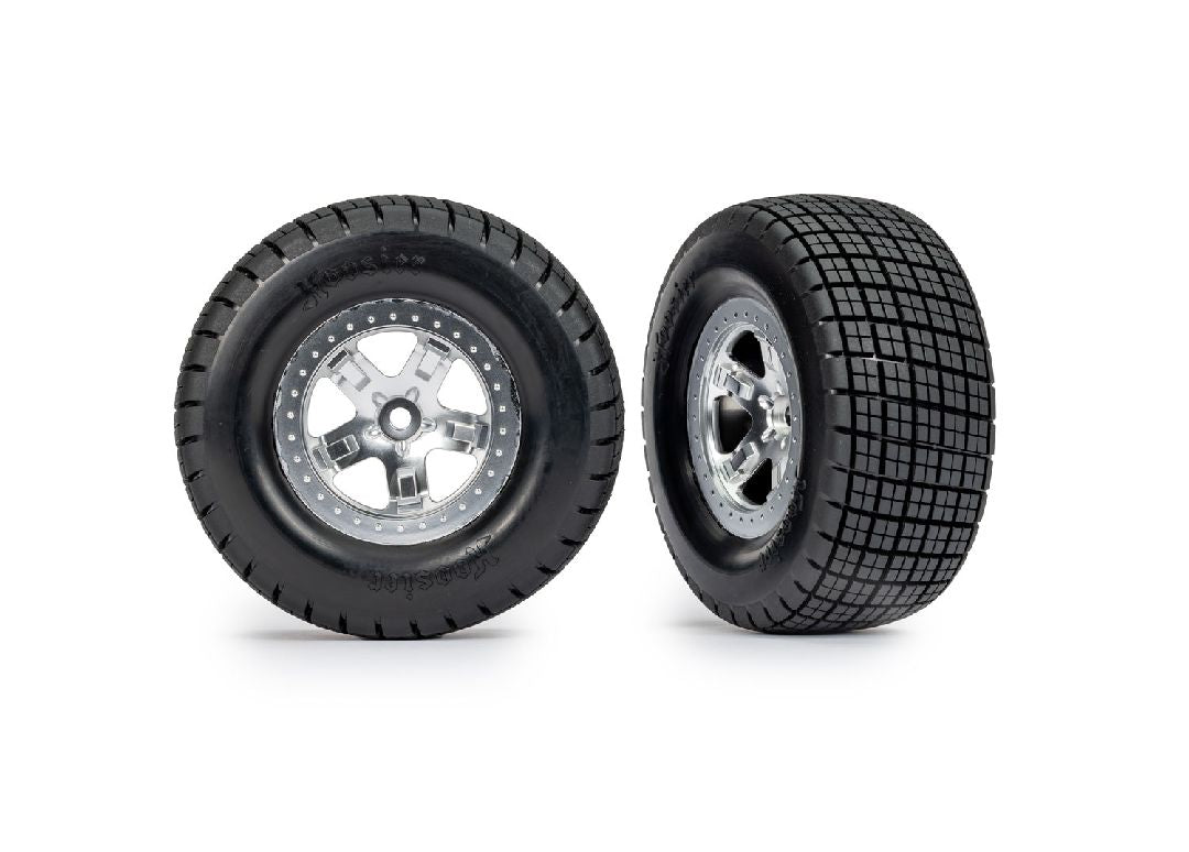 Traxxas Tires & wheels, assembled, glued (SCT, satin chrome wheels, beadlock type (dual profile 2.2" outer 3.0" inner, Hoosier tires, foam inserts) (2) (4WD front/rear, 2WD rear only)