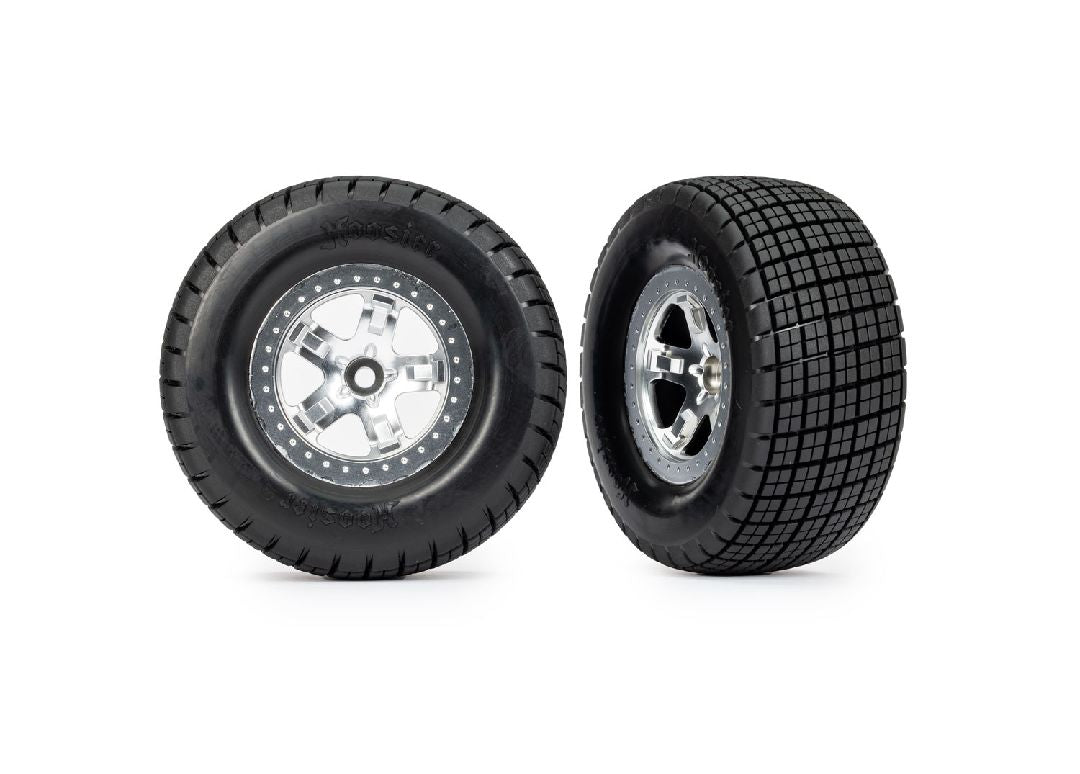 Traxxas Tires & wheels, assembled, glued (SCT, satin chrome wheels, beadlock type (dual profile 2.2" outer 3.0" inner, Hoosier tires, foam inserts) (2) (2WD front)