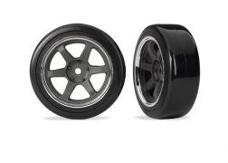 Traxxas Tires & wheels, assembled, glued (six spoke graphite gray wheels w/chrome rim, 1.9" Drift tires (2 dots, soft, smooth surfaces)) (wide, rear) (2)