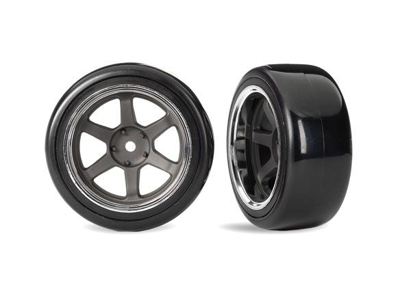 Traxxas Tires & wheels, assembled, glued (six spoke graphite gray wheels w/chrome rim, 1.9" Drift tires (2 dots, soft, smooth surfaces)) (front) (2)