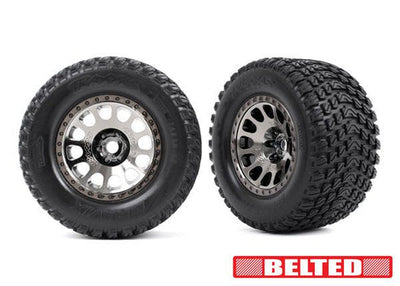 Traxxas Tires & wheels, assembled, glued (XRT® Race black chrome wheels, Gravix™ belted tires, dual profile (4.3" outer, 5.7" inner) foam inserts) (left & right)