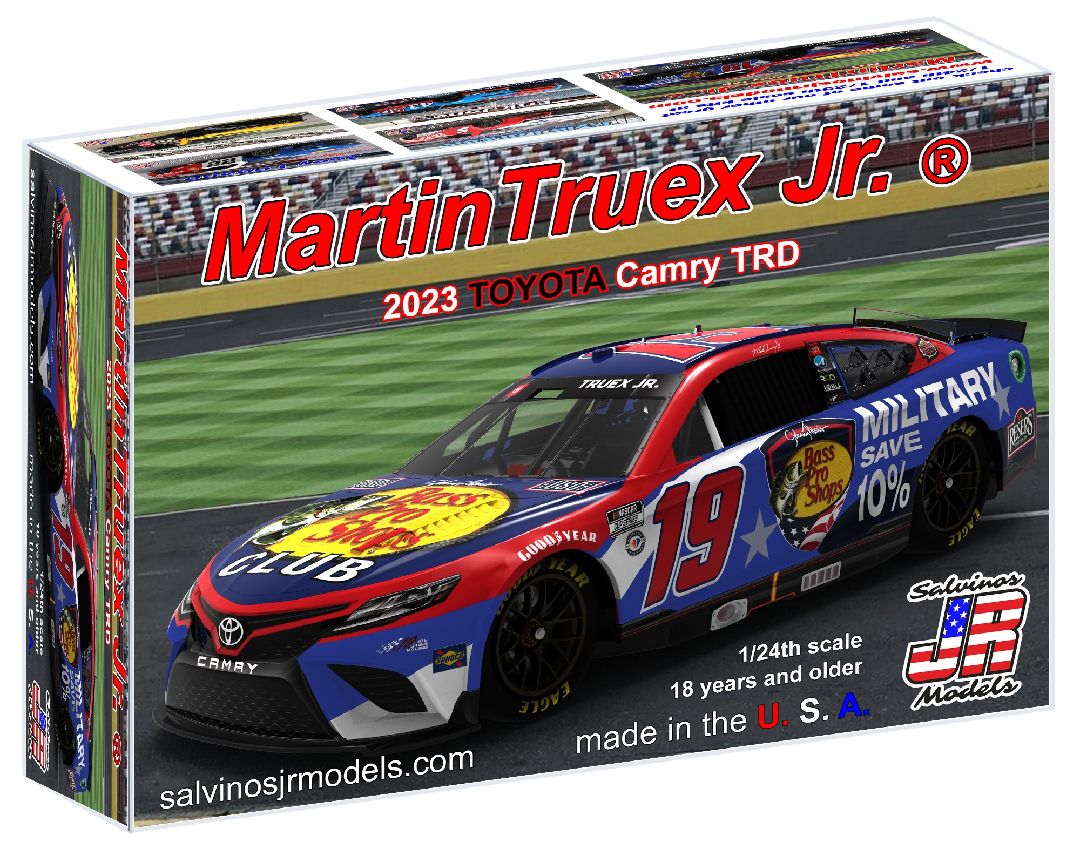 Salvinos JR Models 1/24 Joe Gibbs Racing Martin Truex Jr 2023 Toyota Camry "Patriotic Bass Pro Shop" Model Kit