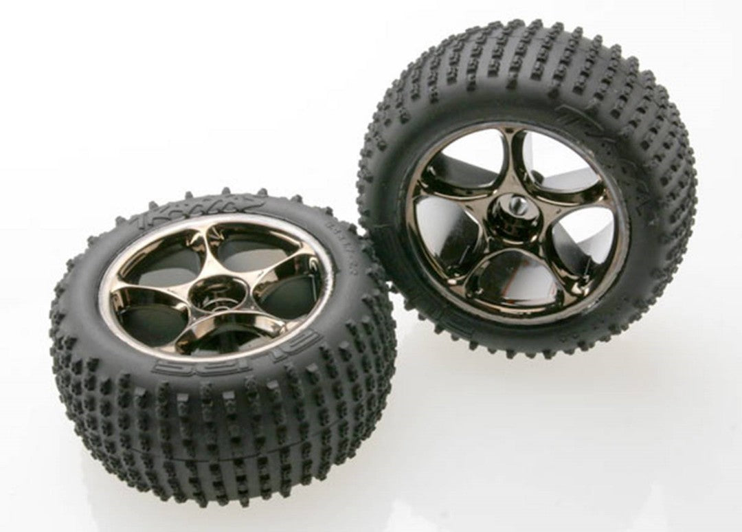 Traxxas Tires & Wheels, Assembled (Tracer 2.2" Black Chrome Wheels, Alias 2.2" tires) (2) Bandit Rear, medium compound w/foam