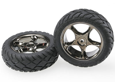 Traxxas Tires & wheels, assembled (Tracer 2.2" black chrome wheels, Anaconda 2.2" tires with foam inserts) (2) (Bandit front)