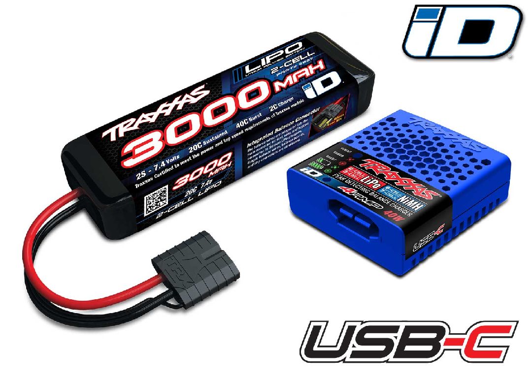 Traxxas Battery/Charger Completer Pack (Includes #2985 USB-C NiMH/LiPo iD Charger (1), #2827X 3000mAh 7.4V 2-cell LiPo iD Battery (1))