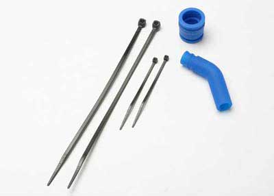 Traxxas Pipe coupler, molded (blue)/ exhaust deflecter (rubber, blue)/ cable ties, long (2)/ cable ties, short (2)