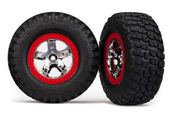 Traxxas Tires & wheels, assembled, glued (SCT chrome, red beadlock style wheels, BFGoodrich Mud-Terrain T/A KM2 tires, foam inserts)