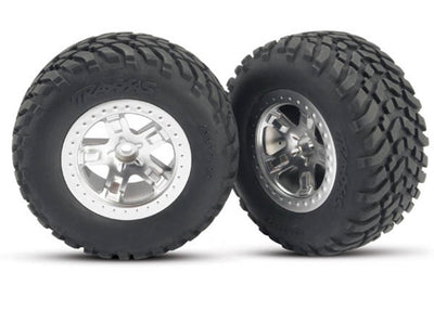 Traxxas Tire & Wheels, Assembled, Glued. (SCT Split-Spoke, Satin Chrome, Black Beadlock Wheels, BF Goodrich Mud Terrain T/A