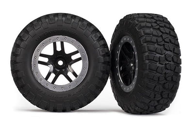 Traxxas Tires & wheels, assembled, glued (SCT Split-Spoke, black, satin chrome beadlock wheels, BFGoodrich Mud-Terrain T/A KM2 tire, foam inserts )4WD front/rear, 2WD rear)