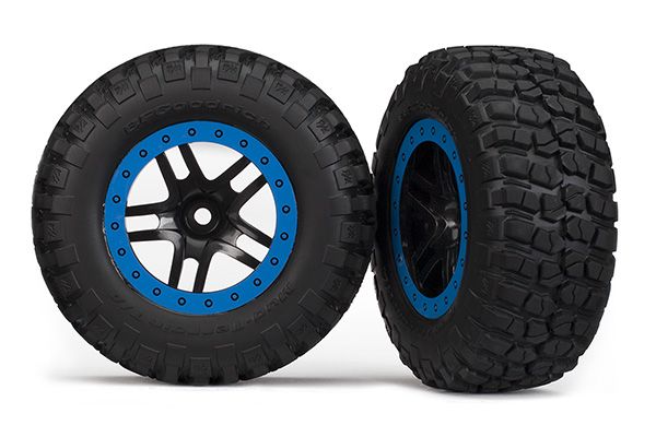 Traxxas Tire & wheel assembled, glued (SCT Split-Spoke, black, blue beadlock wheels, BFGoodrich Mud-Terrain T/A KM2 tires, inserts) (2) (2WD Front)