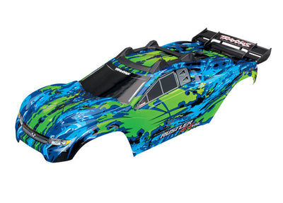 Traxxas Body, Rustler 4X4 VXL, green/ window, grill, lights decal sheet (assembled with front & rear body mounts and rear body support for clipless mounting)