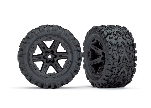 Traxxas Tires & wheels, assembled, glued (2.8") (Rustler 4X4 black wheels, Talon Extreme tires, foam inserts) (2) (TSM rated)