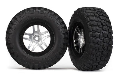 Traxxas Tires & wheels, assembled, glued (SCT Split-Spoke satin chrome, black beadlock style wheels, BFGoodrich Mud-Terrain T/A KM2 tires, foam inserts 4WD front/rear 2WD rear TSM rated