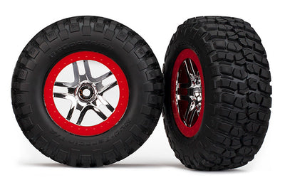 Traxxas Tires & Wheels, Assembled, Glued (S1 Ultra-Soft, Off-Road Racing Compound) (Sct Split-Spoke Chrome, Red Beadlock Style Wheels, Bfgoodrich Mud-Terrain T/A Km2 Tires, Foam Inserts) (2) (4wd F/R, 2wd Rear)