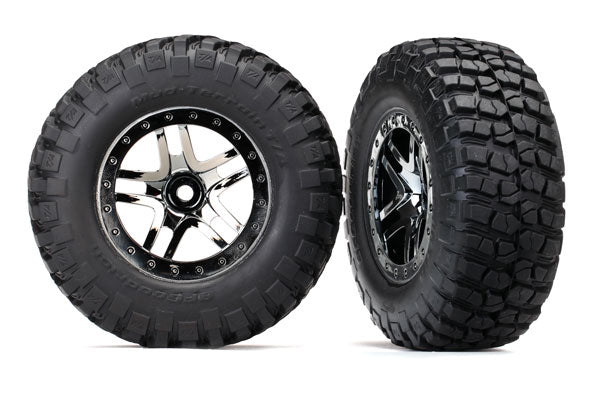 Traxxas Tires & wheels, assembled, glued (SCT Split-Spoke black chrome beadlock style wheels, BFGoodrich Mud-Terrain T/A KM2 tires, foam inserts) (2) (4WD f/r, 2WD rear) (TSM rated)