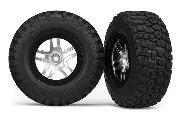 Traxxas Tires & wheels, assembled, glued (S1 ultra-soft off-road racing compound) (SCT Split-Spoke satin chrome, black beadlock style wheels, BFG Mud-Terrain tires, foam inserts) 4WD front/rear, 2WD rear