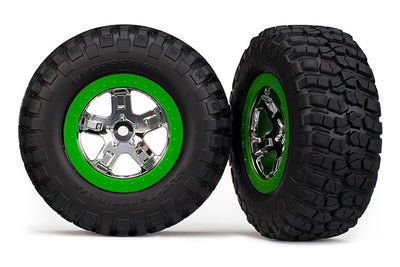 Traxxas Tires & wheels, assembled, glued (SCT, chrome, green beadlock wheel, BFGoodrich Mud-Terrain T/A KM2 tire, foam inserts) (2) 4WD front/rear, 2WD rear