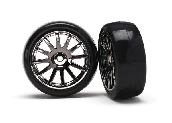 Traxxas Tires & wheels, assembled, glued (12-spoke black chrome wheels, slick tires) (2)