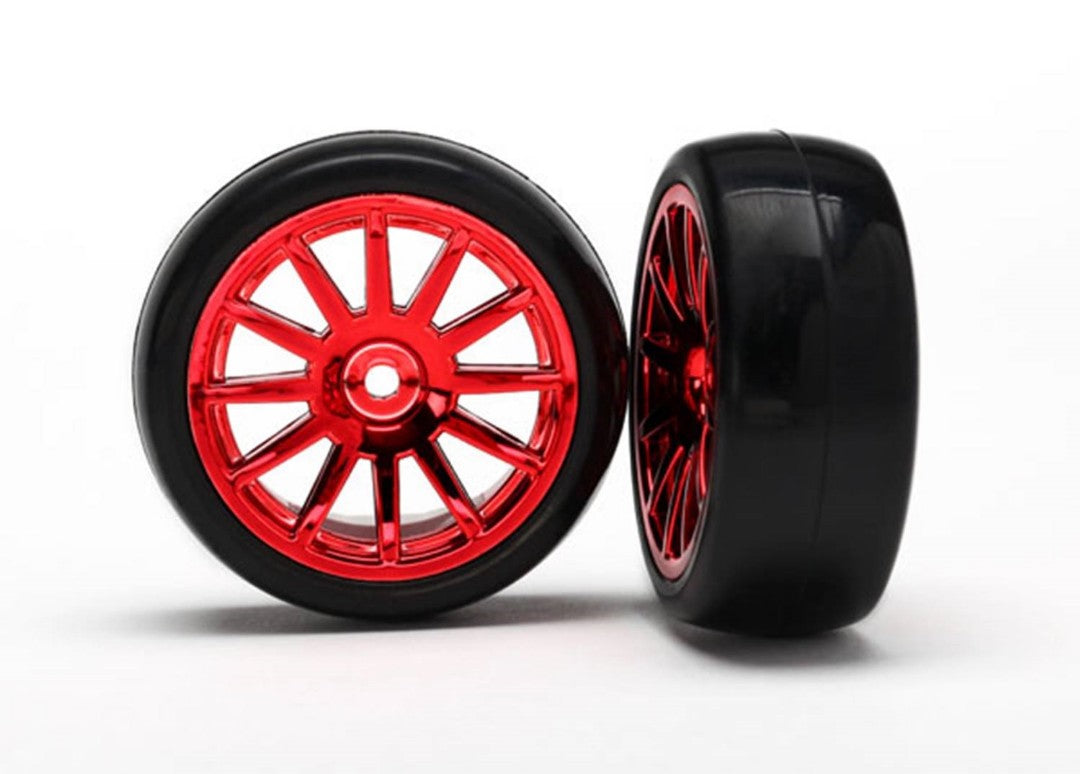 Traxxas Tires & wheels, assembled, glued (12-spoke red chrome wheels, slick tires) (2)