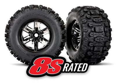 Traxxas Tires & wheels, assembled, glued (X-Maxx black chrome wheels, Sledgehammer tires, foam inserts) (left & right) (2)