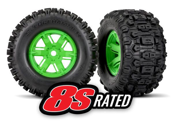 Traxxas Tires & wheels, assembled, glued (X-Maxx green wheels, Sledgehammer tires, foam inserts) (left & right) (2)