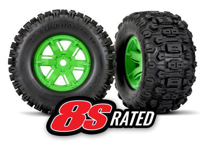 Traxxas Tires & wheels, assembled, glued (X-Maxx green wheels, Sledgehammer tires, foam inserts) (left & right) (2)