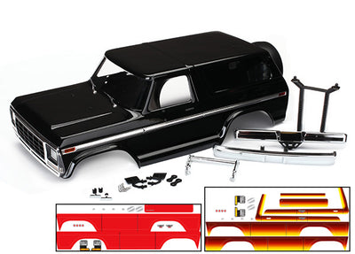 Traxxas Body, Ford Bronco, complete (black) (includes front and rear bumpers, push bar, rear body mount, grill, side mirrors, door handles, windshield wipers, spare tire mount, red and sunset decals) (requires #8072 inner fenders)
