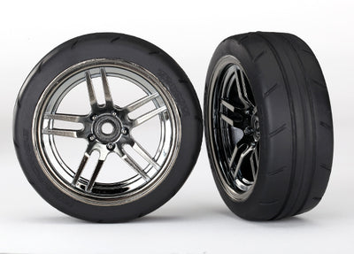 Traxxas Tires and wheels, assembled, glued (split-spoke black chrome wheels, 1.9" Response tires) (front) (2)