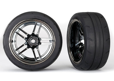 Traxxas Tires and wheels, assembled, glued (split-spoke black chrome wheels, 1.9" Response tires) (extra wide, rear) (2)