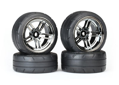 Traxxas Tires and wheels, assembled, glued (split-spoke black chrome wheels, 1.9" Response tires, foam inserts) (front (2), rear (extra wide) (2)) (VXL rated) (4 wheels & tires total)
