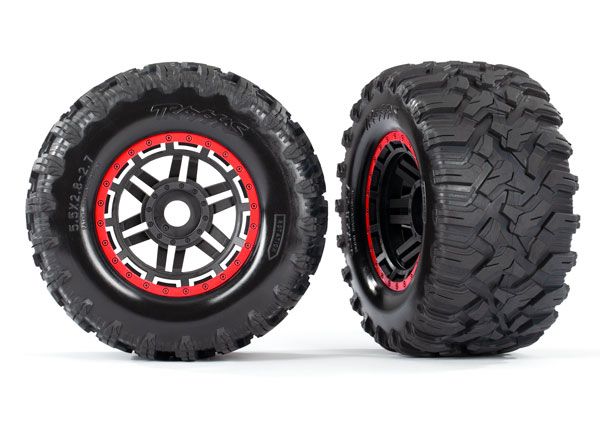 Traxxas Tires & wheels, assembled, glued (black, red beadlock style wheels, Maxx MT tires, foam inserts) (2) (17mm splined) (TSM rated)