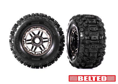 Traxxas Tires & wheels, assembled, glued (black chrome wheels, belted Sledgehammer® All-Terrain tires, dual profile (2.9" outer, 3.8" inner), foam inserts) (2) (17mm splined) (TSM® rated)