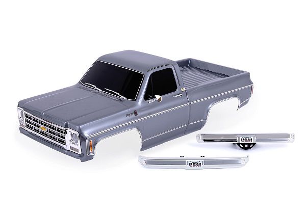 Traxxas Body Chevrolet K10 Truck (1979) Complete, Silver (Painted) (Includes Grille, Side Mirrors, Door Handles, Windshield Wipers, & Clipless Mounting) (Requires TRA9288 Inner Fenders)