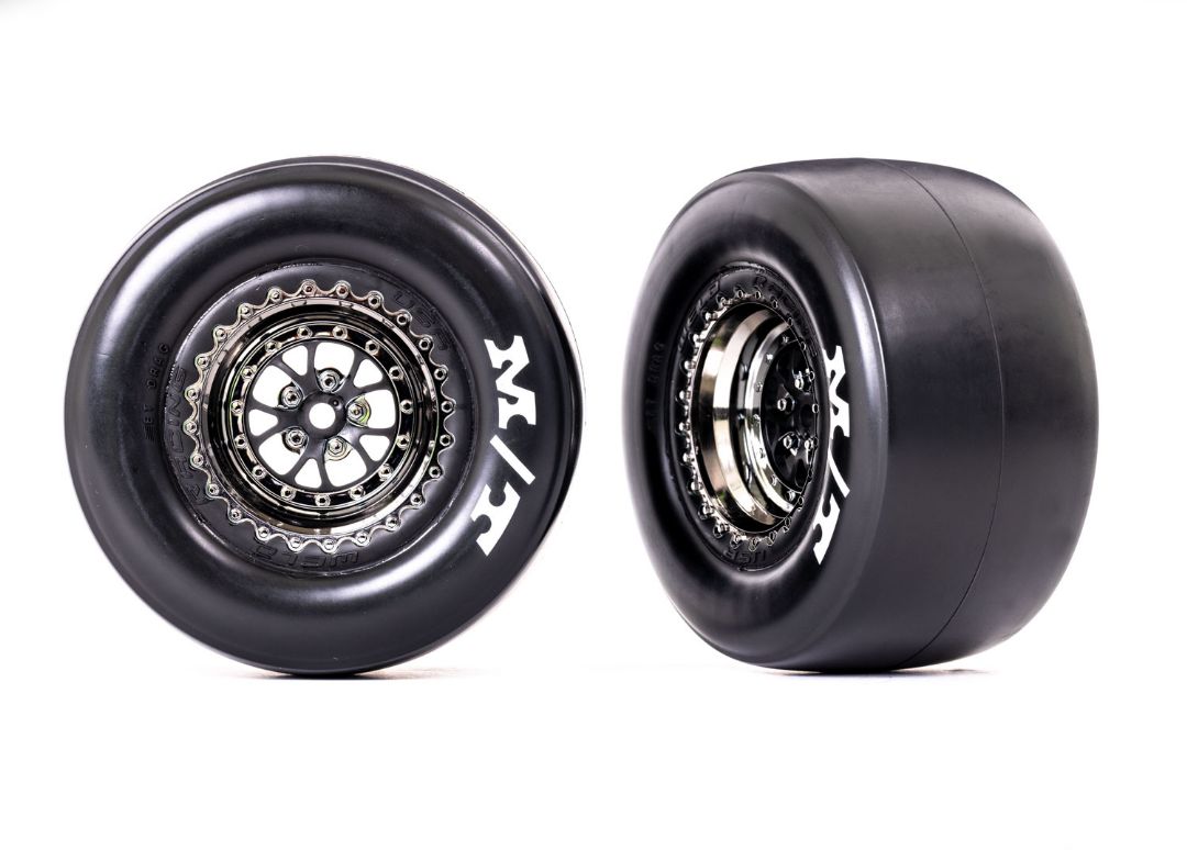 Traxxas Tires & wheels, assembled, glued (Weld black chrome wheels, sticky tires, foam inserts) (rear) (2)