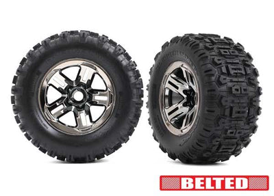 Traxxas Tires & wheels, assembled, glued (3.8" black chrome wheels, belted Sledgehammer® tires, foam inserts) (2)
